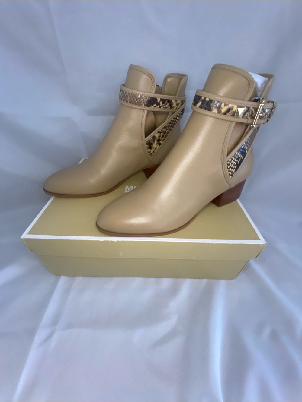 Michael Kors Beige Ankle Boots with Snake-Print Strap